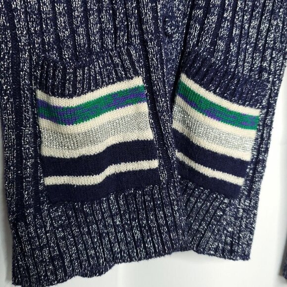 Vintage Wool Ribbed Cardigan Sweater S Navy Blue Silver Metallic Preppy Varsity - Picture 4 of 5